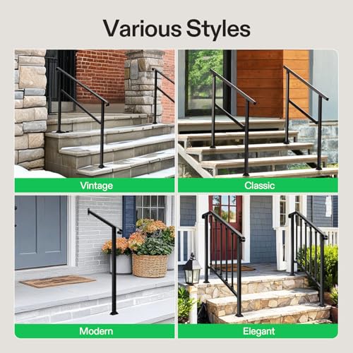 4 Step Stair Handrail 48"x39" Wrought Iron with 1 Curved End Black (Black / 4 Steps)