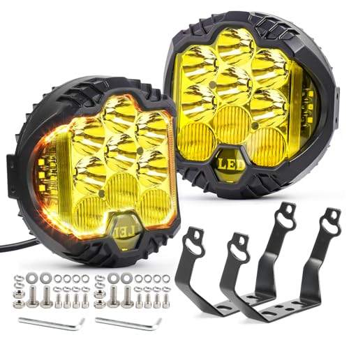 7 Inch Pair Amber Round LED Offroad Lights 90W Amber Yellow Off Road Light Fog Lights Driving lightsWaterproof Light Pods for Pickup Trucks 4x4 SUV ATV UTV (Amber / 7inch)