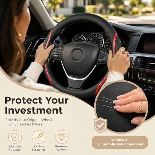 Steering Wheel Cover Black and Red Leather Universal 14.5 (Medium / Red)