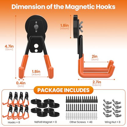 8 Pack Large Heavy Duty Magnetic Hook Extra Strong Magnetic Garage Hooks Big NdFeB Industrial Magnet Hooks Magnetic Utility Storage Holder Organization with Anti (1.6in Magnet-8 Pack-Orange)