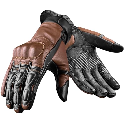 Leather Motorcycle Motorbike Knuckle Protection Powersports Gloves (Black/Brown / Medium)