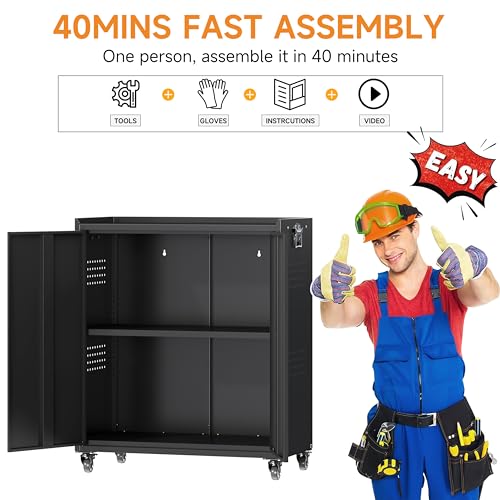 34" Metal Garage Storage Cabinet with Wheels (Black / 34.3"H Tool Cabinet(2-Door))