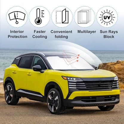 Sun Shade for Nissan Kicks 2025 2026 Accessories Windshield Sun Shade Window Shade UV Rays Protection Sun Visor Cover with Steering Wheel Sunshade Storage Bag (Windshield Sunshade for Nissan Kicks 2025 2026)
