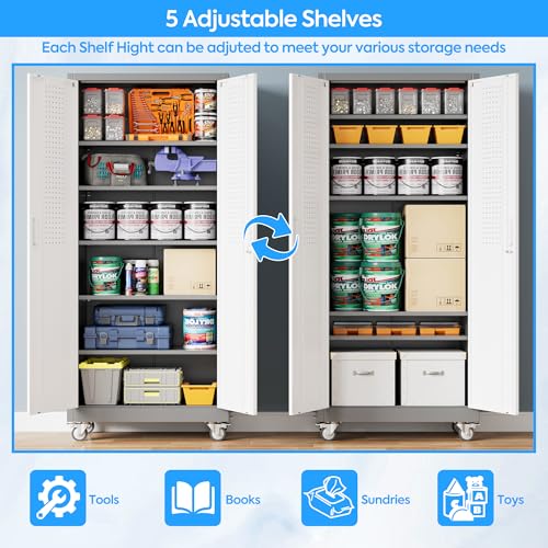 Metal Garage Cabinet with Wheels and Pegboard 71'' x 32'' x 16'' (Grey&white / 16"D x 32"W x 71"H)