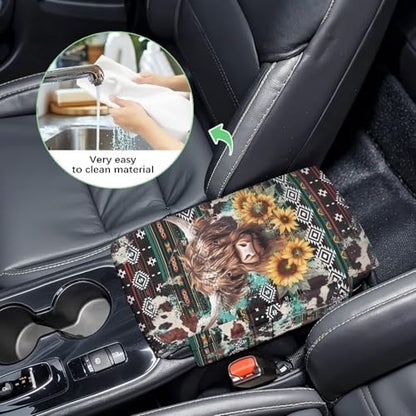 Aztec Highland Cow Sunflower Car Center Console Cover Soft Armrest Cover Protector Wear (Aztec Highland Cow Sunflower)