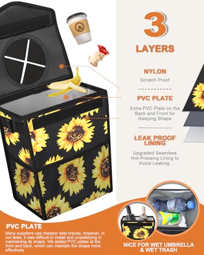 Car Trash Can with Lid Leakproof Car Garbage Bag Vehicle Trash Bin (2 Gallons / Black Sunflower)