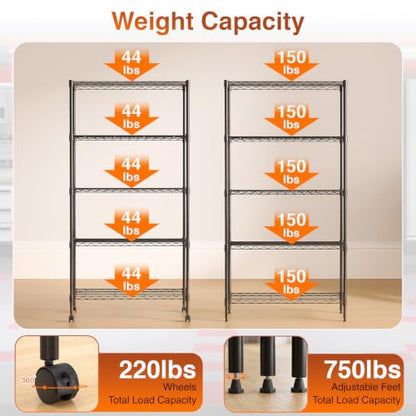 5 Tier Wire Shelf with Wheels (Black / 14"D x 30"W x 60"H)