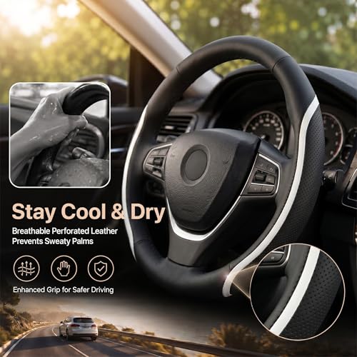 Steering Wheel Cover Black and White Leather Universal 14.5 (Medium / White)