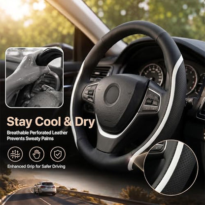 Steering Wheel Cover Black and White Leather Universal 14.5 (Medium / White)