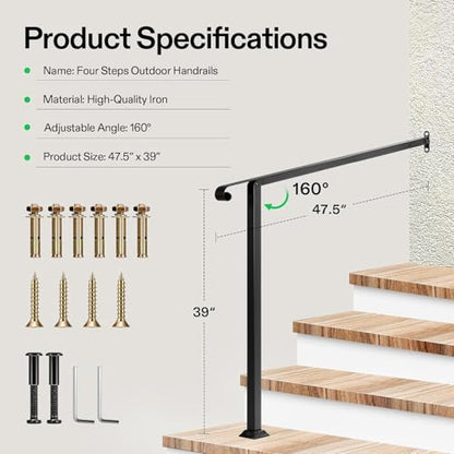 4 Step Stair Handrail 48"x39" Wrought Iron with 1 Curved End Black (Black / 4 Steps)