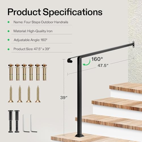 4 Step Stair Handrail 48"x39" Wrought Iron with 1 Curved End Black (Black / 4 Steps)