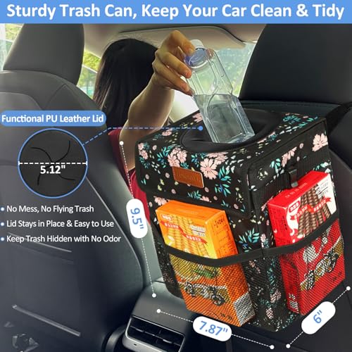 Leak Proof Car Trash Can with Lid Colorful Floral (Colorful Floral / 2 Gallons)