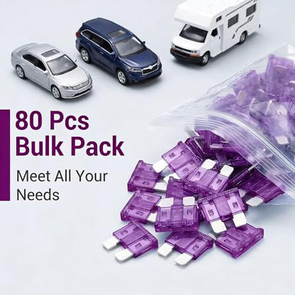 80Pcs) 3 Amp Standard Fuse, 3A Car Blade Fuses for Car/RV/Truck/SUV/Motorcycle/Boat (3A)