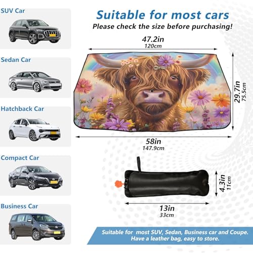Car Front Windshield Sunshade (Highland Cow With Rainbow)