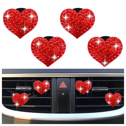 4PCS Heart Shaped Car Vent Clips with Rhinestone (Red)