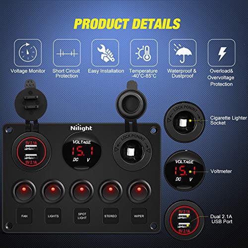 5 Gang Multi Function Rocker Switch Panel On Off SPST Toggle (Red)