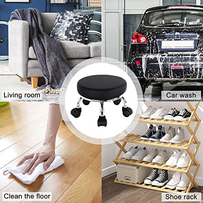 Modern Roller Seat PU Leather Low Round Rolling Stool 360° Swivel Small Seat with Universal Wheels Foot Stool for Home Office Garage Shop Fitness Sport H：8.6" （Black） (Black)