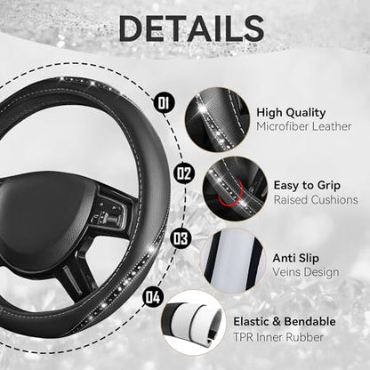 Bling Diamond Black Leather Steering Wheel Cover (Silver Diamond 1PCS)