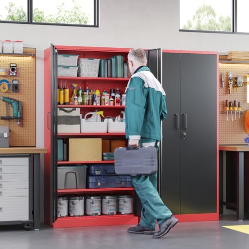 Metal Garage Storage Cabinets with Lock (72 X 36 X 18 In(H X W X D) / Black Red)