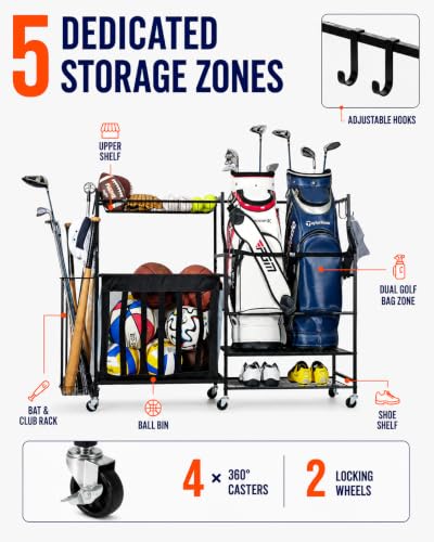 Rolling Ball Storage Rack and Sports Equipment Organizer (Black, 56.2"Lx15.4"Wx37.2"H)