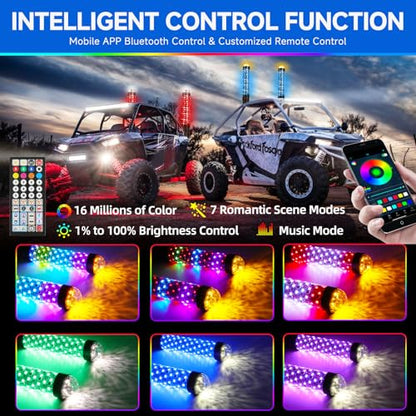 2Pack 1FT Fat Whip Lights New Upgraded Spiral LED Whip Light with Strobe Light RGB Chasing Dancing Lighted Antenna Whips W (Fat 2Pack 1FT)