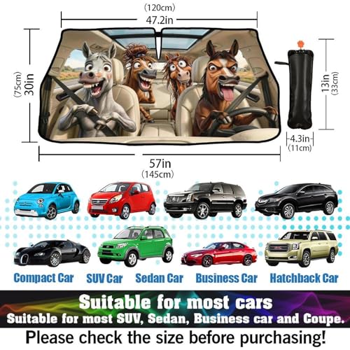 Funny Horse Car Windshield Sun Shade Umbrella Sunshade Block UV Rays Sun Visor Protector Auto Windshield Sunshade to Keep Vehicle Cool for Cars Trucks & Suvs 57 X 30 in (57'' X 30'' / 28-3-26-REY-3)