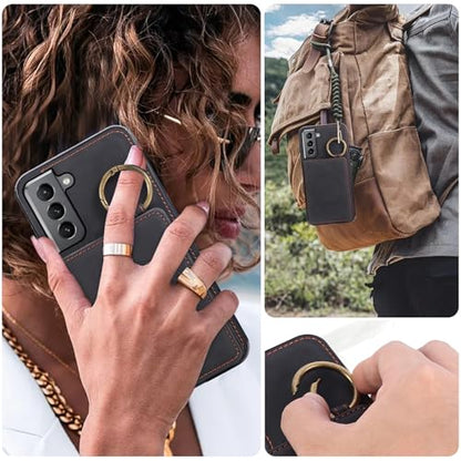 Compatible with Samsung Galaxy S22 5G Wallet Case and Screen Protector Crossbody Shoulder Strap Ring Buckle Stand Card Holder Magnetic Car Mount Phone Cover for S 22 22S 4G G5 6.1 inch Women Men Black (Black / for S22)