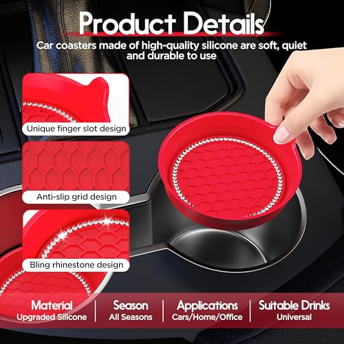 2 Pack Car Cup Holder Coaster Bling Crystal Rhinestone Car Interior (Red / 2 Pack)