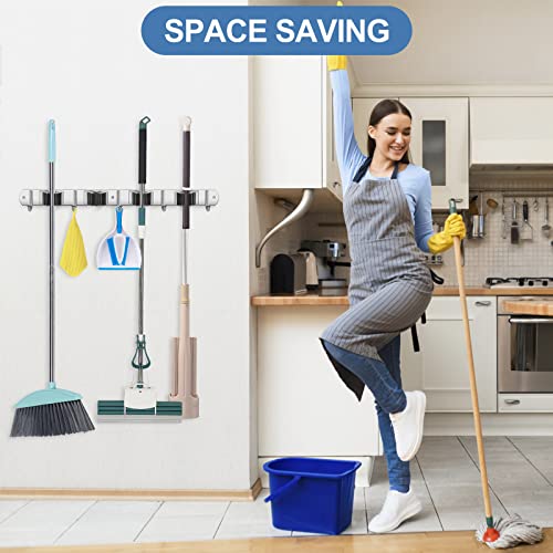 Broom Holder Wall Mount Stainless Steel Mop Organizer (Stainless Steel - 4 Racks with 5 Hooks / 1 Pack)