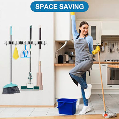 Broom Holder Wall Mount Stainless Steel Mop Organizer (Stainless Steel - 4 Racks with 5 Hooks / 1 Pack)