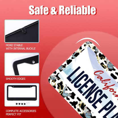 Cow Print Butterfly Stainless Steel License Plate Frame Fits US Standard (Cute Cows and Butterfly)