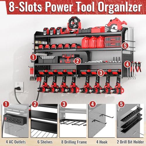 Large Power Tool Organizer Wall Mount with Charging Station (Black)