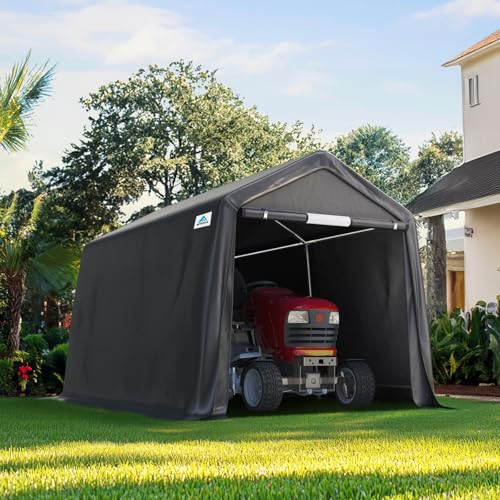 8x14 ft Steel Metal Peak Roof Portable Garage Shelter Storage Shed Carport for Motorcycle (Dark Gray / 8'x14')