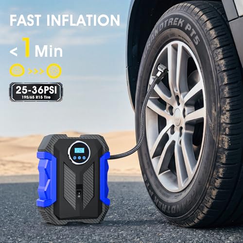 Digital Air Compressor for Car Auto Pump Portable Tire Inflator with LED Light DC 12V (Blue)