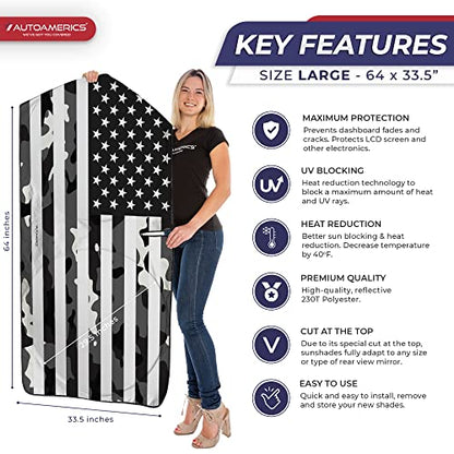 1 Piece Windshield Sun Shade B&W Camo American Flag USA Design (USA B&W CAMO FLAG / LARGE = 64 x 33.5 inches)