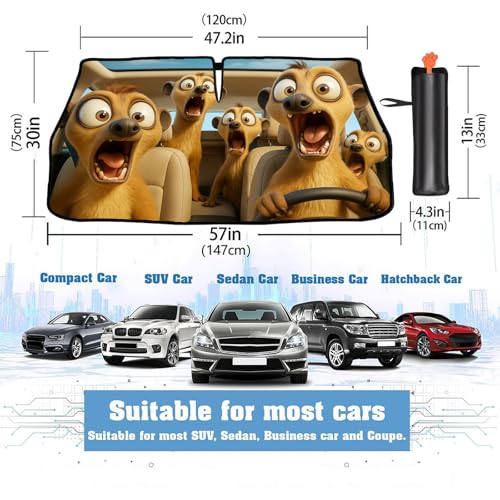 2025 Upgrade Funny Cute Animals Car Windshield Sun Shade Umbrella 5 Layers Nano Coatings Meerkat Driving Car Front Window UV Block Sunshade Cover for Most Cars SUV Universal Size 57"x30" (Meerkat Driving)