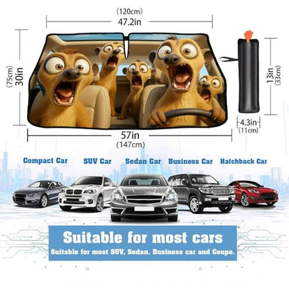 2025 Upgrade Funny Cute Animals Car Windshield Sun Shade Umbrella 5 Layers Nano Coatings Meerkat Driving Car Front Window UV Block Sunshade Cover for Most Cars SUV Universal Size 57"x30" (Meerkat Driving)