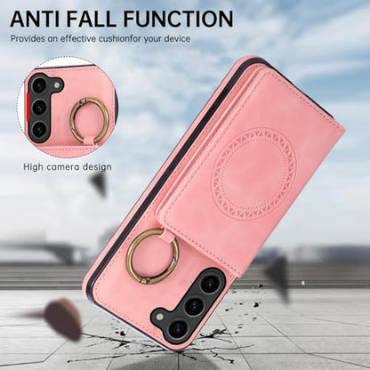 Compatible with Samsung Galaxy S23 5G Wallet Case and Screen Protector Crossbody Shoulder Strap Ring Buckle Stand Card Holder Magnetic Car Mount Cell Phone Cover for S 23 23S SM (Rose Gold / for S23)