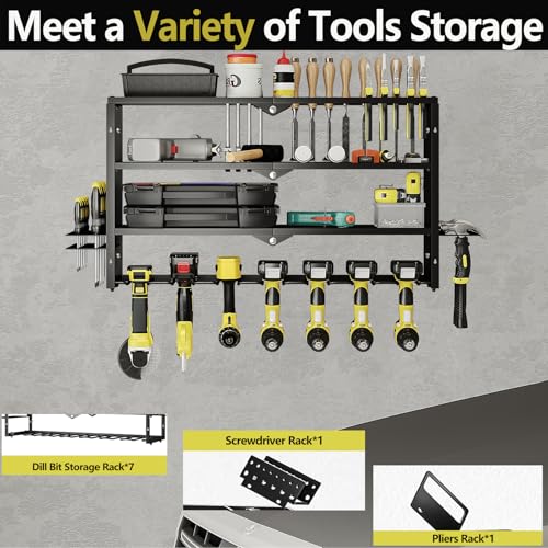 Power Tool Organizer Heavy Duty Wall Mount Drill Tools Holder (Black / 7 Slots 3Layers)