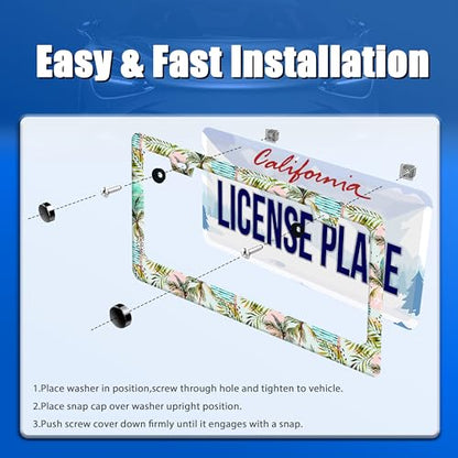 Plam Tree License Plate Frame Stainless Steel Accessory 12.3x6.3 Inch (Palm Tree Summer Hawaii)