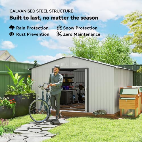 11' x 13' Outdoor Storage Shed Garden Tool Metal Shed White (White / 11' x 13')
