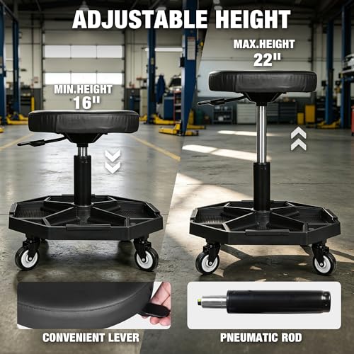 Rolling Garage Seat with Wheels Adjustable Height Pneumatic Mechanic Stool 300Lbs Heavy Duty Shop Creeper Seat with 4 Removable Storage Tool Tray Workshop Chair for Auto Repair (Black)