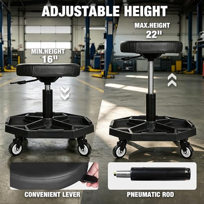 Rolling Garage Seat with Wheels Adjustable Height Pneumatic Mechanic Stool 300Lbs Heavy Duty Shop Creeper Seat with 4 Removable Storage Tool Tray Workshop Chair for Auto Repair (Black)