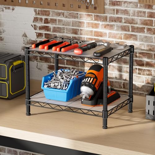 Small Wire 2 Shelves Pantry Metal Shelf Floor Organizer Under Desk (Black / 2-Tier 11.8"D X 17.3"W X 12.2"H)