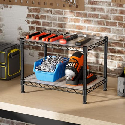 Small Wire 2 Shelves Pantry Metal Shelf Floor Organizer Under Desk (Black / 2-Tier 11.8"D X 17.3"W X 12.2"H)
