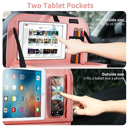 Car Backseat Organizer with Foldable Tablet Holder (Pink-3 / 2 Pack with Food Tray)