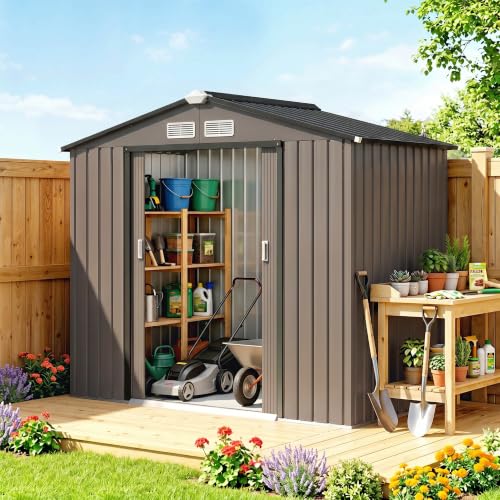 7' x 4' Outdoor Storage Shed Garden Tool Metal Shed Brown (Brown / 7' x 4')