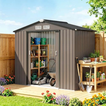 7' x 4' Outdoor Storage Shed Garden Tool Metal Shed Brown (Brown / 7' x 4')