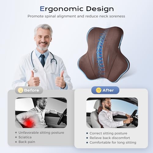 Car Lumbar Support Pillow and Car Neck Pillow Kit (Coffee-01 / 2 Pieces)