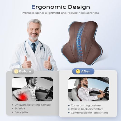 Car Lumbar Support Pillow and Car Neck Pillow Kit (Coffee-01 / 2 Pieces)